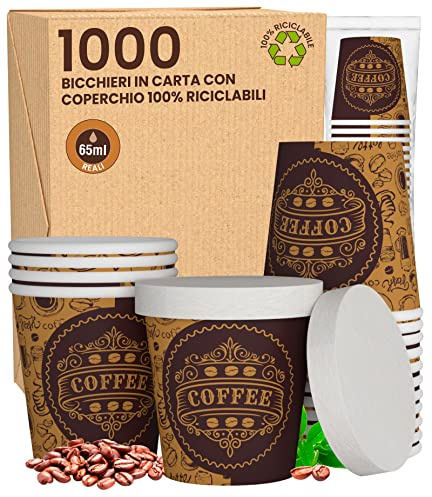 1000 Bicchierini in Carta per caffè 65ml ASPORTO PubCUP con COPERCHIO in carta Bicchieri Ecologici Biodegradabili Monouso Piccoli Asporto Bevande Calde + 1000 coperchi