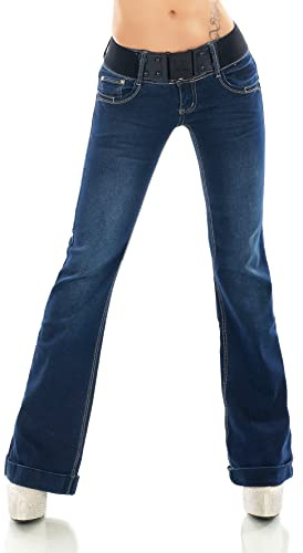 Jeans bootcut pour femme STIDIA avec taille basse, coupe évasée, en denim stretch, ourlet rabattable avec ceinture, M