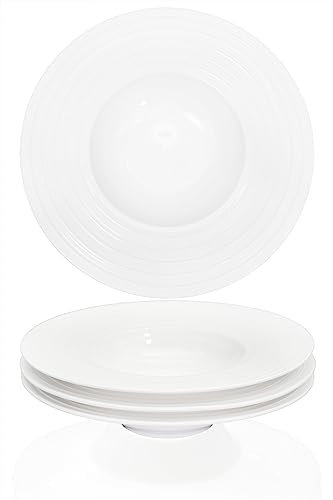 Creativity Home Ceramic Wide Rimmed Soup Plate, Soup Bowl 8 oz, Pasta Bowl Set of 4, White Shallow Bowl Plate with Rim, Best choice for high-end restaurants, hotels, and foodies, 9.6 Inch Coil relief
