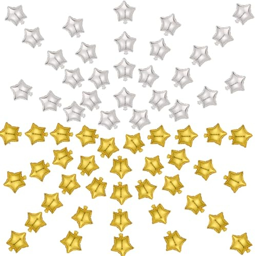 Lot de 100 ballons en aluminium en forme d'étoile à cinq branches pour anniversaire, mariage, fête prénatale, révélation du sexe ou décoration de fête de fiançailles (doré et argenté)