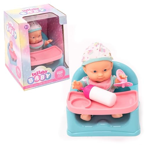 KandyToys Lullaby Baby Doll in Highchair | 9-inch Soft Baby Doll Set | 9” Baby Toy in Feeding Chair | 2 Designs - 1 Sent at Random