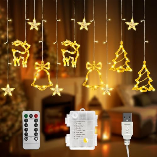 Guirlande lumineuse LED étoiles de Noël : 3,5 m, 8 modes, rideau lumineux USB/piles, éclairage de Noël blanc chaud pour l'intérieur et l'extérieur - Guirlande de sapin de Noël pour fenêtre et balcon
