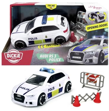Dickie Toys 203713016033 - Audi RS3 Swedish Police Car - Audi RS3 Police Car Friction Motor, Sound, Light and Opening Doors, Swedish Version, 15 cm, from 3 Years