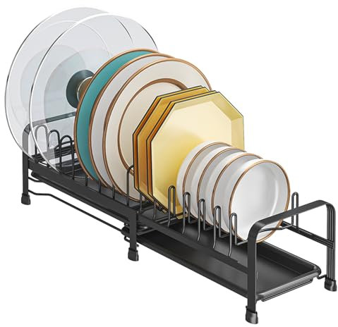 JOUING Scolapiatti da Appoggio Porta Coperchi Pentole Estensibile Scolapiatti da Lavello con Vassoio in Metallo Organizer per Piatti Armadio da Cucina (Nero)