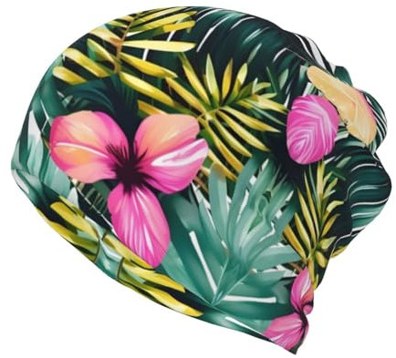 Tropical Summer Hawaiian Flower Palm Leaves Print Ponytail Beanie for Women,Winter Beanie Hat Face Mask Covering Neck Gaiter for Cold Weather Black