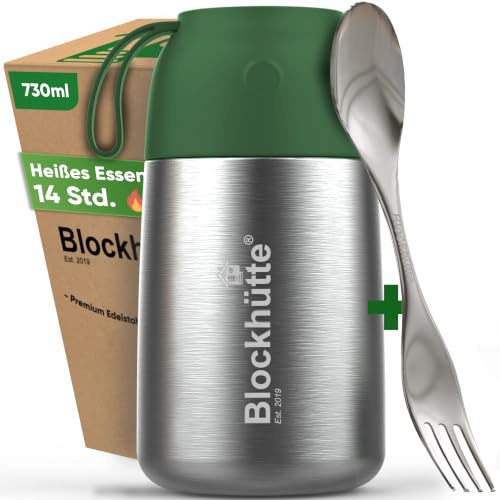 Blockhütte Soup Flask for Adults 730ml Stainless Steel | Thermal Food Flask with Spork | BPA Free Thermal Lunch Box for 14h Hot Meals Dishwasher Safe | for Porridge and Meal Prep – Dark Green