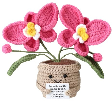 TOYMIS Virkad Orkidé, Positiv Stickning Orchid Flower Emotional Doll Support Virkad Blomma med Positivt Meddelandekort för Uppmuntrande Presentinredning för Hemmakontoret (Rosa)