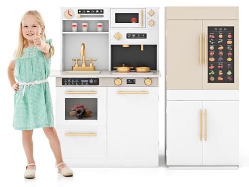 Maxmass 2-Piece Kids Modular Toy Kitchen, Wooden Children Pretend Kitchens with Refrigerator, Talking Wall Chart, Lights & Sounds, Toddler Role Play Kitchen Playset for 3+ Years Old