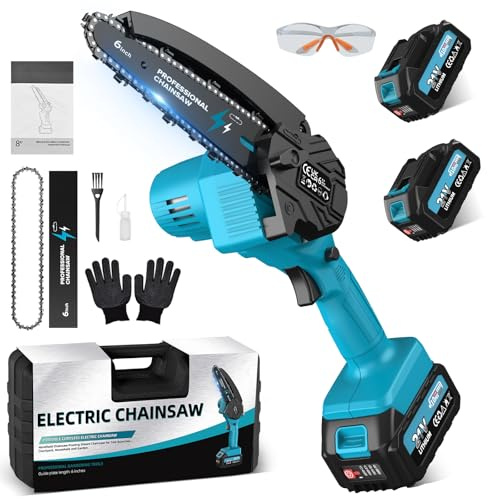Mini Motosierra Bateria 6 Pulgadas, Motosierra Eléctrica con 2x4000mAh Bateria, Sierra Electrica con Cadena Reemplazable, Depósito Para El Aceite, para Podar Arboles Jardinería DIY
