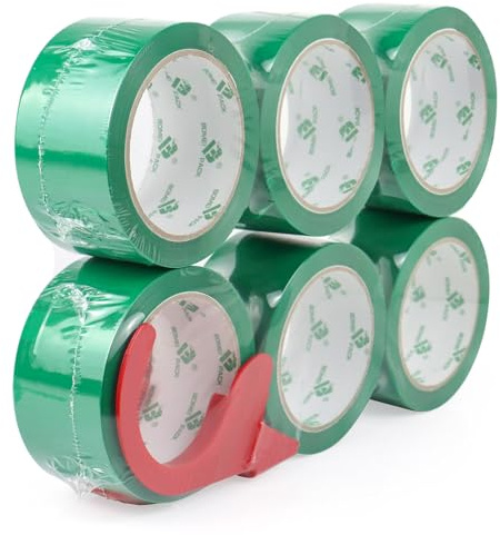 BOMEI PACK Green Packing Tape 6Rolls 48mm x 66m with dispenser Durable Heavy Duty Packaging tape for Shipping Moving Boxes&Office Use -Strong Adheisve Parcel Tape for Cartons Mailing&Storage