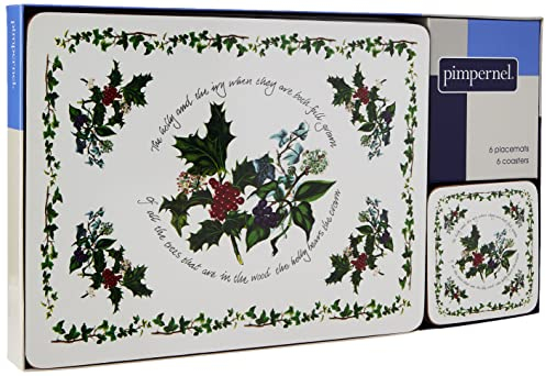 Pimpernel The Holly and The Ivy Set of 6 Placemats and Set of 6 Coasters, Wood with cork backing, 30.5 x 23cm & 10.5 x 10.5cm