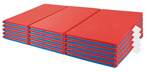 ECR4Kids Premium Folding Rest Mat, 3-Section, 1in, Sleeping Pad, Blue/Red, 5-Pack