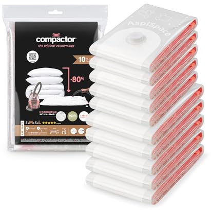 Compactor - 10er-Set Vakuumbeutel (5x M 90x55 cm + 5x L 100x80 cm) - Kleidung, Bettwäsche, Decken und Kissen komprimieren - Volumenreduzierung bis zu 75% - Schutz vor Staub und Feuchtigkeit