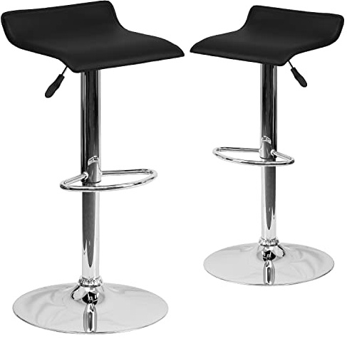 Flash Furniture Athens 2 Pack Contemporary Black Vinyl Adjustable Height Barstool with Solid Wave Seat and Chrome Base