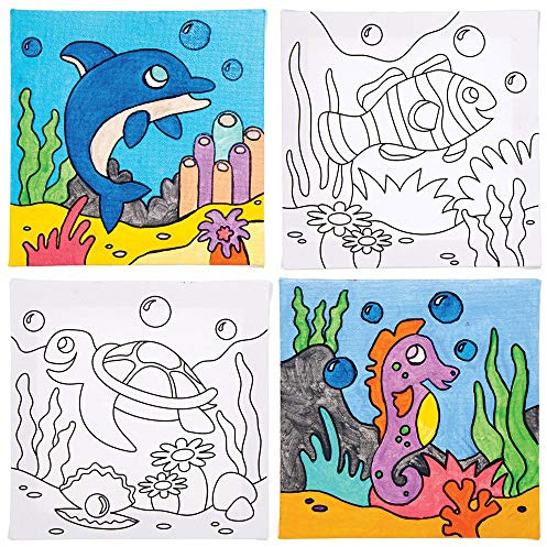 Baker Ross AT940 Toiles pré imprimées Vie Marine à colorier - Loisirs créatifs à thème pour enfants (Paquet de 4)