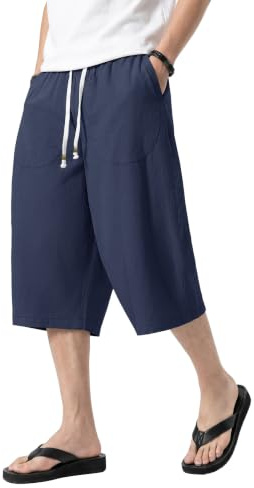 KEFITEVD Men's Shorts 3/4 Length Linen Loose Long Shorts Summer Casual Pants Elasticated Waist Beach Yoga Trousers with Pockets