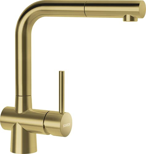 SCHOCK® Küchenarmatur LAIOS Whitegold I goldene Hochdruck Armatur mit ausziehbarer Schlauchbrause I 360° schwenkbar I Edelstahl mit PVD-Beschichtung I Einhebelmischer Standardanschlüsse I Höhe 285 mm