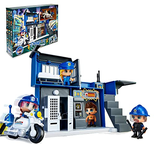 Pinypon Action - Polizei-Kommunion, Spielzeug-Set mit vielen Zubehör und Räumen, Quadrat, Zelle und Helihafen, eine Polizeifigur und EIN Spielzeugmotorrad, ab 4 Jahren, Famosa (700017039)