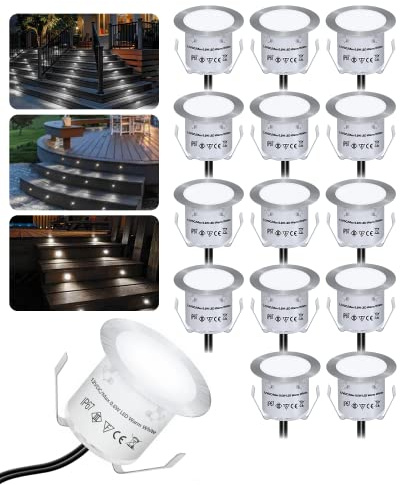 HIBOITEC 16 st decklights, belysning LED-decklights φ 32 mm, cool vit däckbelysning, vattentät sockel däcklampa, för utomhusbruk, trädgård, golvplattor, trappa, vägghörn, badrum