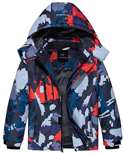 FARVALUE Boys Waterproof Ski Jacket Windproof Winter Coat Warm Snow Coat Outdoor Raincoats with Removable Hood Orange Camouflage 10-12