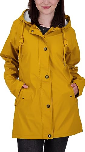 Ankerglut Damen Friesennerz Regenmantel Kapuze Gefüttert Wasserdicht Wetterfest Übergangsjacke #ankerglutnebel Regenjacke, Mustard, 48