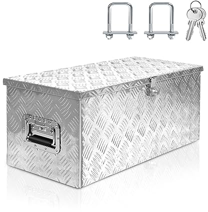 Froadp 52L Alubox Wasserdicht Alukiste mit Deckel Deichselbox für PKW Anhänger Transportbox Werkzeugkoffer Leer Aufbewahrungsbox Anhängerbox Verschließbare mit 3 Schlüsseln (76.5x26.5x34cm)