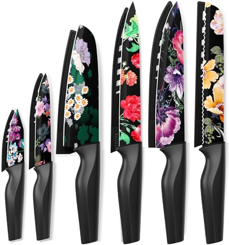 Astercook Knife Set, 12-Piece Flower Kitchen Knives Sets with Blade Guards, Dishwasher Safe, German High Carbon Stainless Steel, Perfect Gifts for Kitchen
