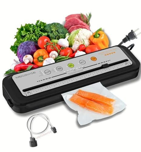 MEGAWISE Vacuum Sealer Machine for Food Storage with Sealer Bags | Automatic Food Sealer for Sous Vide | Compact Design with Built-in Cutter | Works with All Food Types | Easy to Clean (Grey)