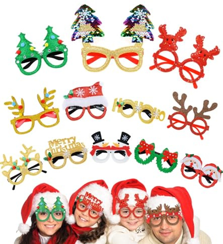 Octonyluck 12 Stili di Natale Montature per Occhiali Scintillio per Occhiali per Feste Natalizie per Costumi di Natale Articoli per Feste creativi per Bambini, Donne, Uomini