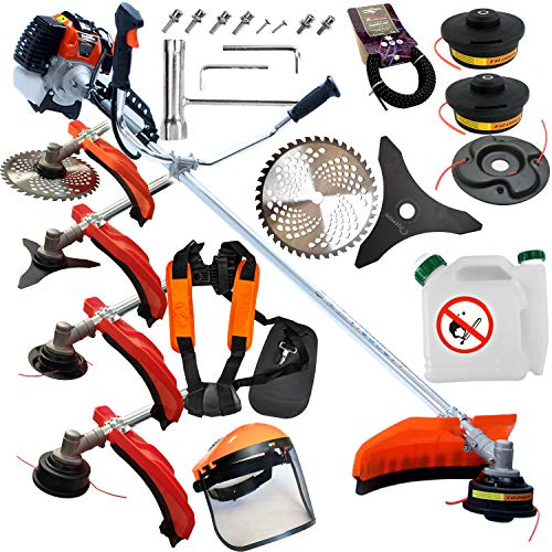 Desbrozadora, cortacésped de explosión, motor de 2 tiempos, 52 cc, refrigeración por aire, velocidad de rotación máxima de 9500 rpm, longitud del mango: 150 cm