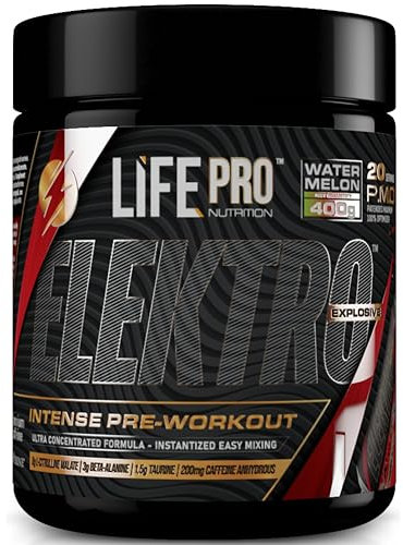 Life Pro Pre entreno Pre workout Elektro 400g, Pre entreno fuerte con Beta Alanina, 8g Citrulina, Taurina y Bioperine para máxima absorción, Mejora el rendimiento y resistencia, Ideal para atletas