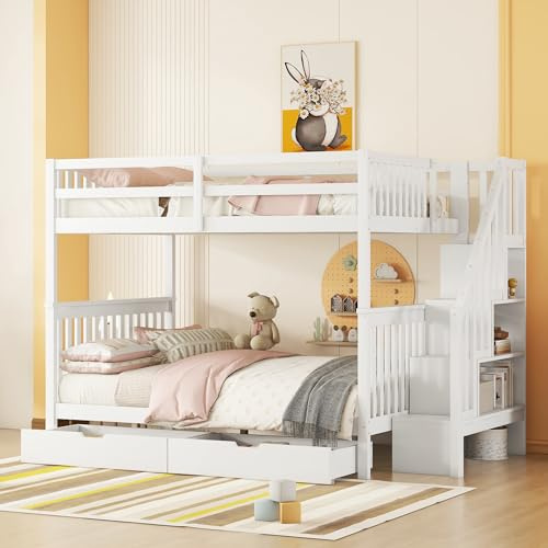 Rtopsu Etagenbett Kinderbett 140x200 cm für 2-4 Kinder, Hochbett Holzbett mit Treppe und 2 Stauraum Schubladen, Bett mit Rausfallschutz und Lagerregal, Hausbett mit Lattenrost, Weiß, Ohne Matratze