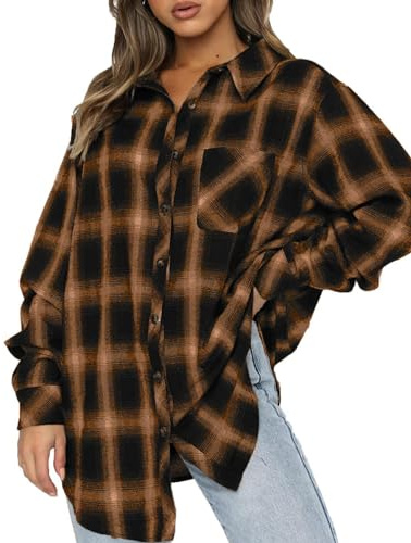 Jhsnjnr Damer flanell rutig skjorta blus knappslå v hals toppar lång skjorta oversize rutig skjorta långärmad skjorta