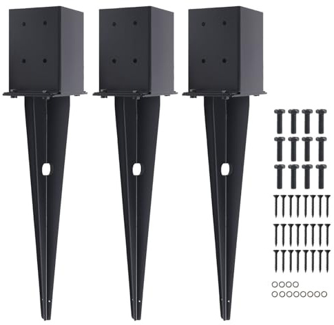 3 Pcs 4x4 Fence Post Anchor,(Inner Size 3.6x3.6) Heavy Duty Fence Post Anchor Ground Spike 22 with Black Powder-Coated Outdoor Support Deck,Fence,Porch,Railing,Mailbox..
