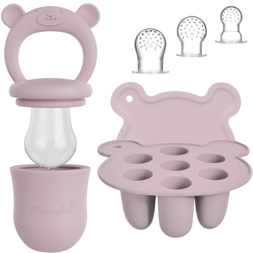 Baby Fruchtsauger & 3 Schnuller mit Eisform Set - Rosa Silikon Nahrungsschnuller mit Beißring, Fruchtschnuller für Obst & Gemüse, Eiswürfelform mit Deckel - Broemba®