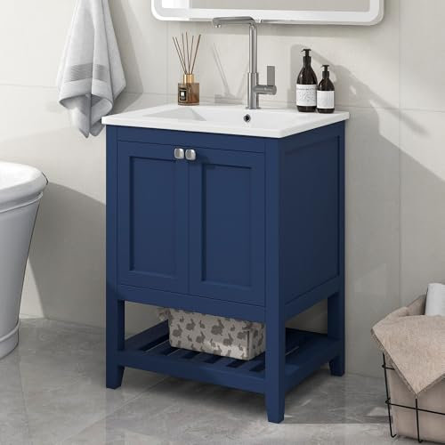 Mueble Baño con Lavabo, Mueble Lavabo 60 cm con Lavabo de Cerámica, Mueble Baño con 2 Puertas y Estante Abierto, Mucho Espacio de Almacenaje, Muebles para Lavabo, Gris claro/Blanco/Azul, 61x46x90 cm