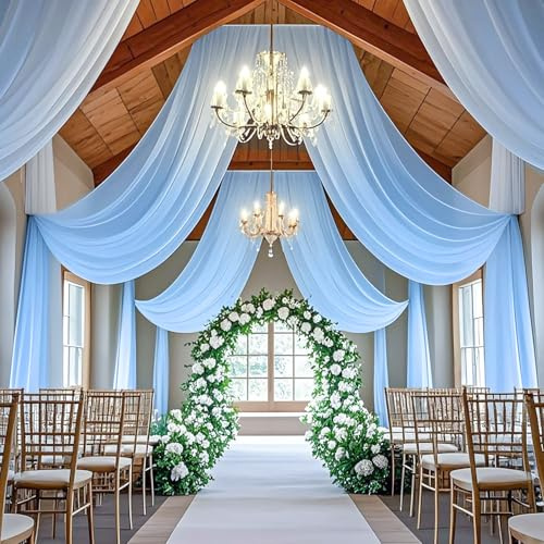 ROMANKAS Chiffon Ceiling Drapes Baby Blue Wedding Arch Drapery 5x30ft 2 Panels Sheer Ceiling Fabric Draping Fabric Tent Ceiling Drapes Semi Sheer Stage Curtain for Wedding Party Ceiling Decor