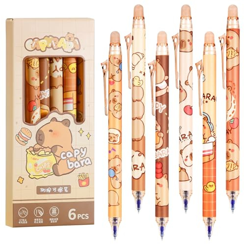 6 stycken Capybara pennor, raderbar kulspetspenna, 0,5 mm Kapibara gelpennor raderbara, raderbara infällbara pennor, söt tecknad penna, studenter gåva skola kontorsmaterial skolmaterial (blå)