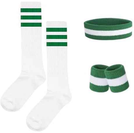 Lufdegim svettband och strumpor set, 80-tals 90-talet svettband randigt pannband, armband, randiga höga strumpor för kvinnor män sport löpning cykling karneval kostymer fest