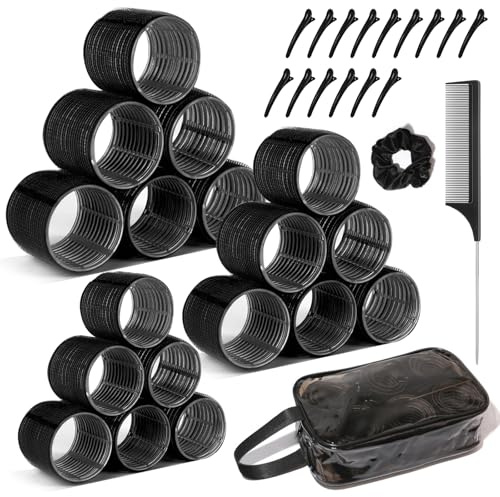Lockenwickler Set,18 Stück Locken Selbsthaftend Hair Rollers 3 Größen 60mm 48mm 36mm mit 15 Clips Halten Haarrollen für lange mittlere Haare