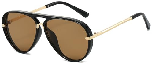 YAMEIZE Gafas de Sol de Piloto Retro para Mujeres y Hombres de los Años 70 Redondas Gafas de Sol Doble Puente de Gran Tamaño con Montura de Metal UV400 (Schwarz/Hell Braun)