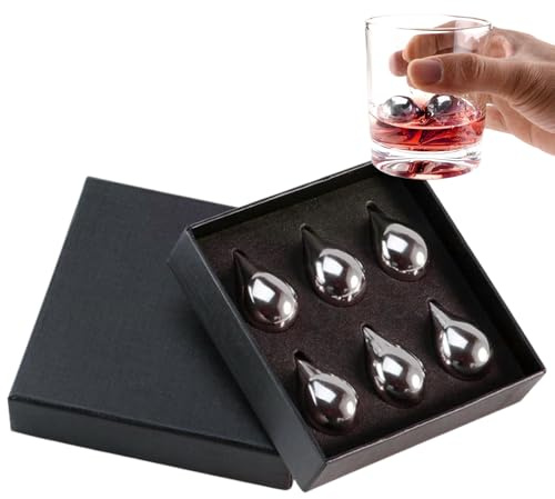 Lot de 6 blocs à glace réutilisables en métal en forme de goutte d'eau, pierres à whisky, pierres de refroidissement, pour pendaison de crémaillère, fête des pères, limonade, vin, jus, bière