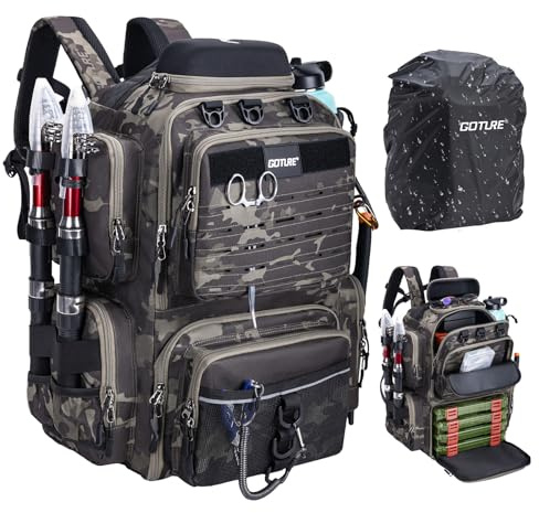 Goture Angelrucksack 45L, wasserabweisend, mit 2 Rutenhaltern & Regenschutz