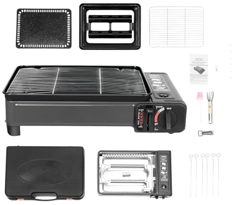 LENJKYYO Camping gasgrill med resväska, 2-i-1 bordsgrill, gaskokare, 2 lampor bärbar, liten gasgrill för patron och gasflaska, utomhus grill camping set för balkong, picknick med tillbehör
