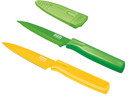 Kuhn Rikon COLORI Straight and Serrated Paring Knife with Safety Sheath, 4 inch/10.16 cm Blade, Set of 2, Green and Yellow
