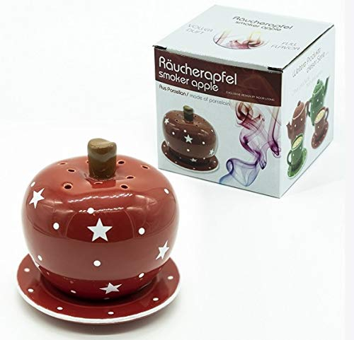 RÄUCHERAPFEL mit Untertasse ROT Weiss Sterne Deko Apfel gepunktet Porzellan 10x10x7cm Punkte Räucherhaus Räucherfigur Dekotasse Kaffeetasse Rauchtasse Rauchertasse Deko Shabby Chic