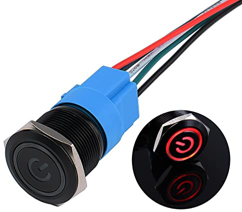 JIQI 22 mm Interruttore a pulsante impermeabile a scatto da 12 V a 24 V 5 A IP66 1NO 1NC Pulsante a scatto con simbolo di alimentazione LED Interruttore a pulsante ON/OFF in metallo nero(rosso)