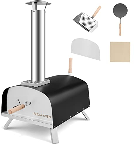 COSTWAY Horno de Pizza Exterior de Leña, Horno Portátil de Hierro, con Piedra de Pizza, Pala Redonda, Chimenea Extraíble, Patas Plegables, Horno de Pizza al Aire Libre para Jardín, Patio, Barbacoa