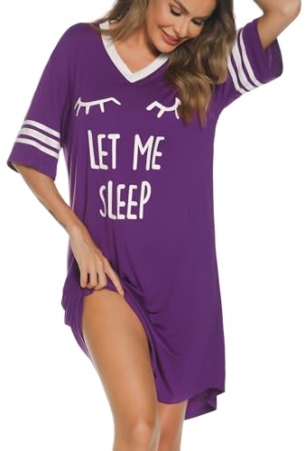 Vlazom Women's Nightdresses Soft Boyfriend V Neck Sleep Shirt Short Sleeves Nightshirt Oversized Nightgown Loungwear Sleepwear S-XXL