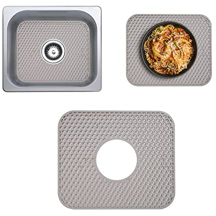 Silikon-Spülbeckenmatte, faltbar, rutschfest, für den Boden der Küchenspüle, Silikonmatten, Thekenschutz für Geschirr und Glaswaren (mittleres Loch, Hellgrau)